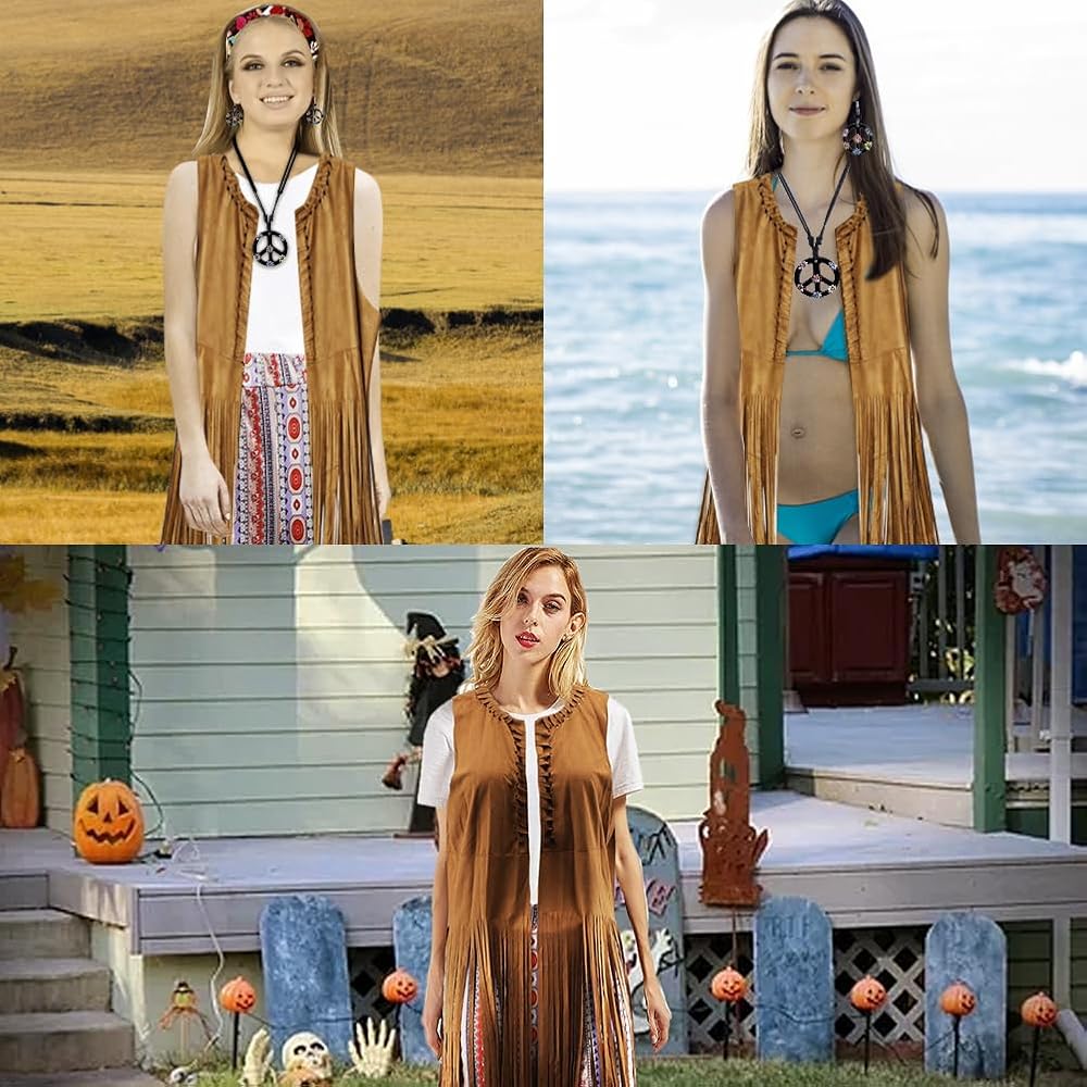 Costume Hippie Anni 70 Donna - Poncho, Fascia Capelli E Collana Pace Per Feste - Foto 12