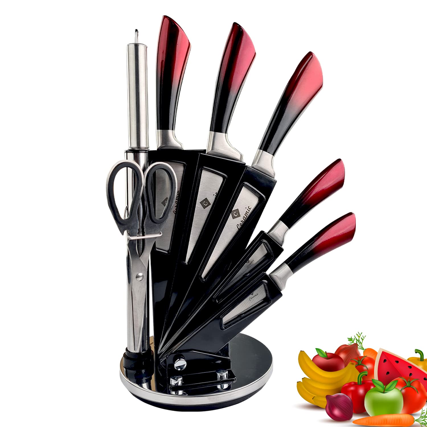 CERAMIC Kitchen Knife Set with Acrylic Knife Stand - Knife Sharpener and Scissors, Ergonomic Non-Slip Handles, Laser Cut Blade Sharpness, Chef Quality Stainless Steel, 8 Piece (Red)