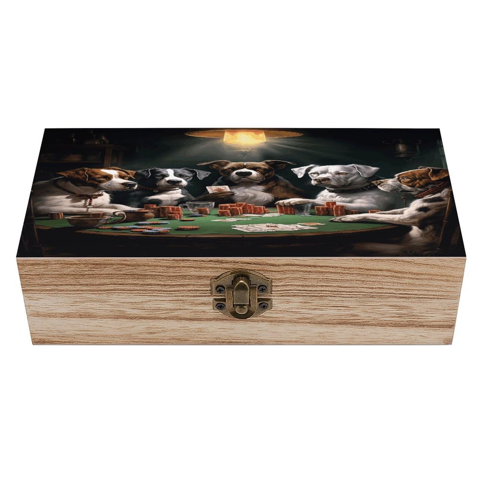 asbwuo Playing Poker Dogs Wood Keepsake Box Wooden Box with Hinged Lid