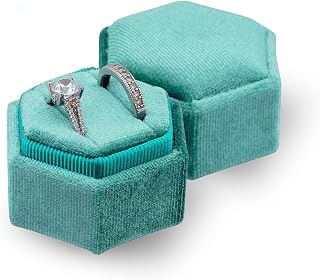 Teal Velvet Jewelry Ring Box, 2 Slot Hexagon Vintage Ring Holder Box with Detachable Lid for Engagement, Wedding, Ceremony, Proposal, Photoshoots