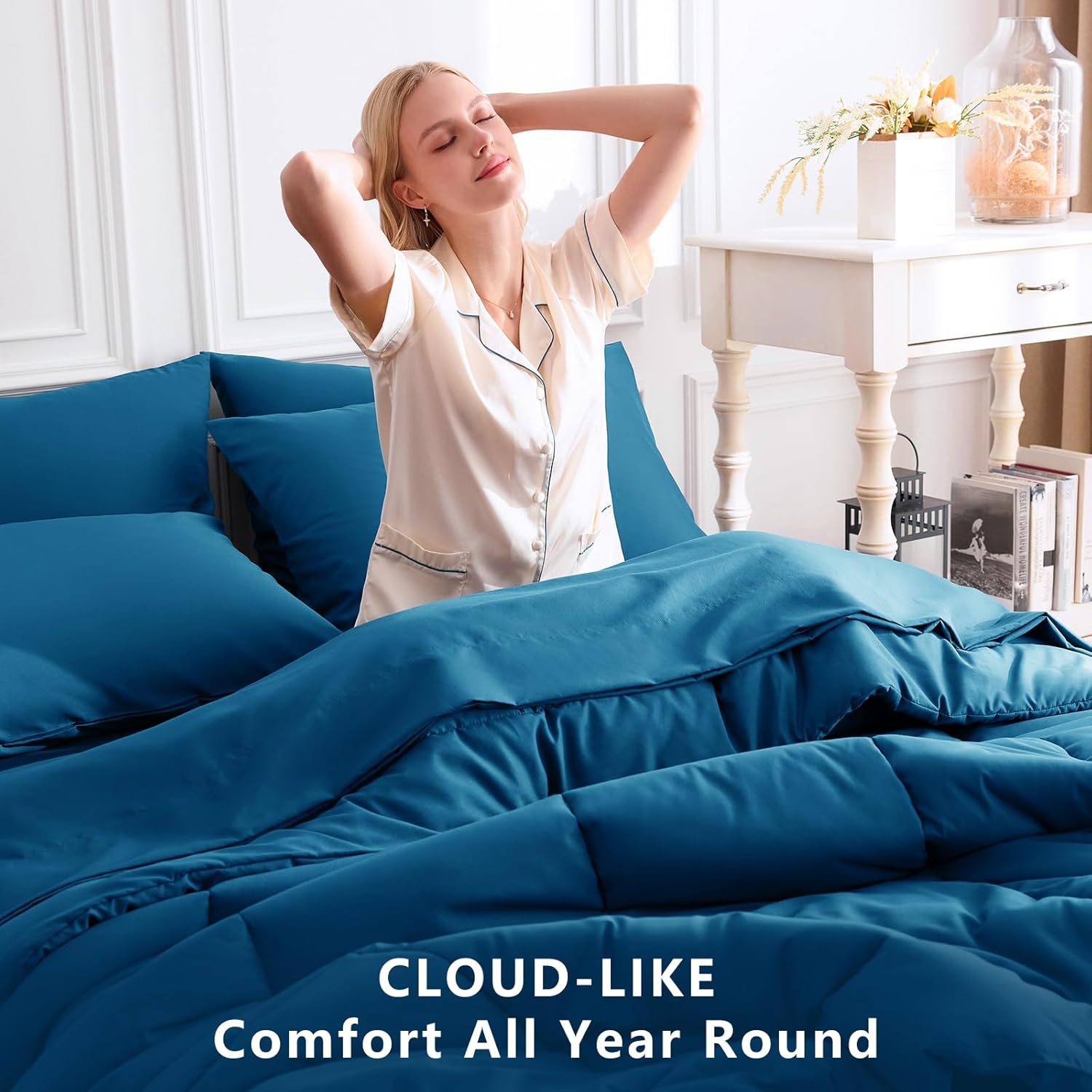 CozyLux King Size Comforter Set Teal, 7 Pieces Bed in a Bag, Teal Comforter King Size, All Season Bedding Sets with Stitch Quilted Comforter, Flat Sheet, Fitted Sheet, Pillowcases - Image 4