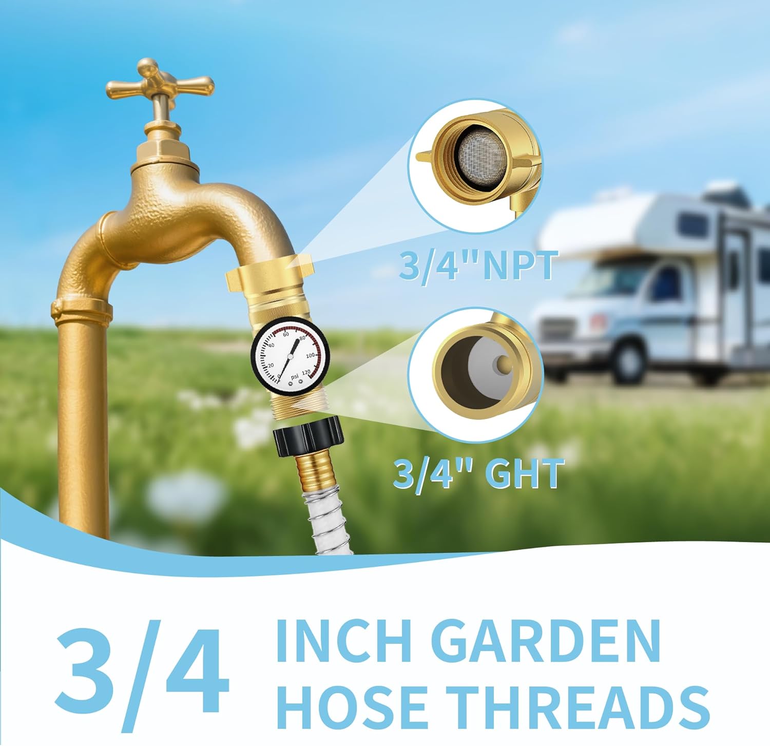 Brass RV Water Pressure Regulator with Gauge, RV Pressure Regulator Water with Filter Screen and NSF Certified, Easy Read Gauge, Fits Most RVs, Campers, Plumbing Systems, Travel Trailers - Image 3