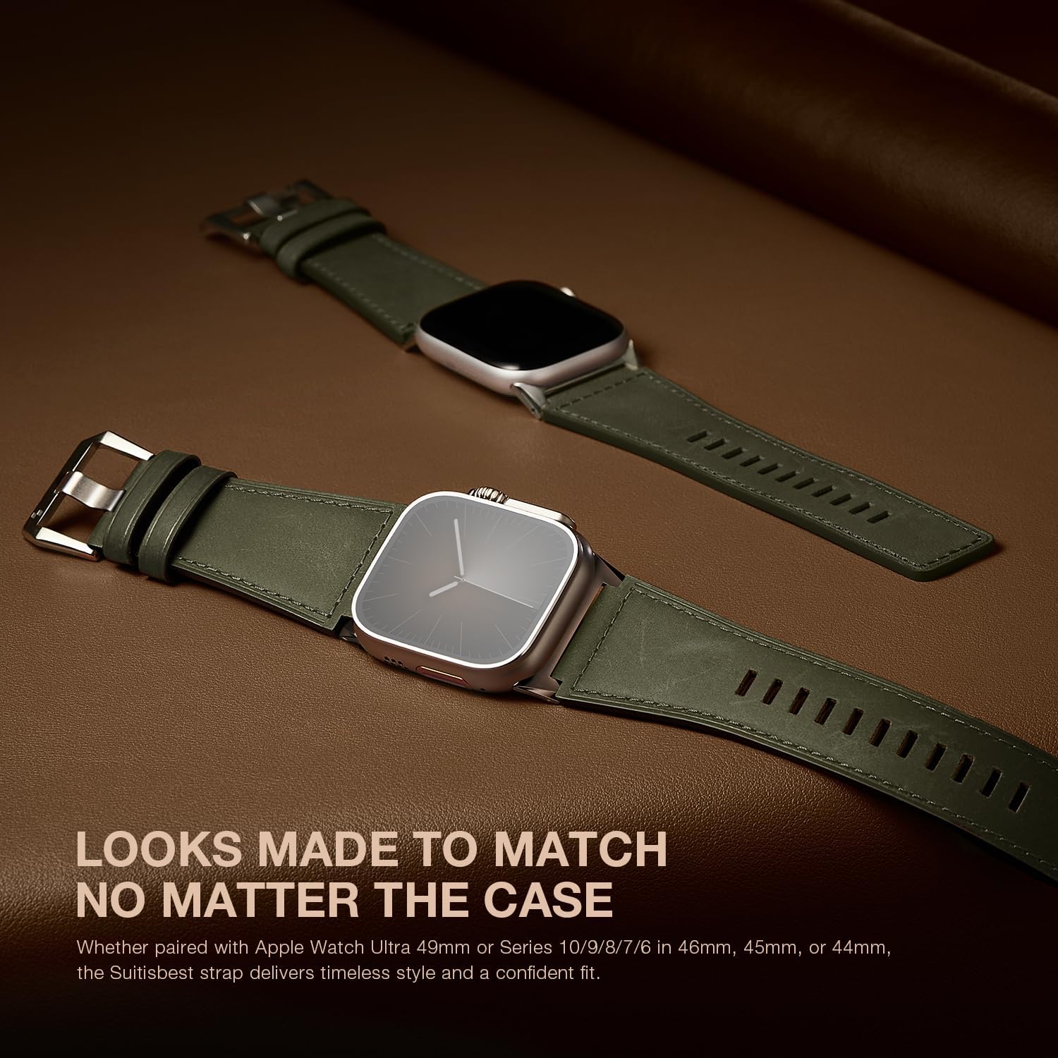 Suitisbest Leather Bands Compatible for Apple Watch Ultra Band 49mm 46mm 45mm 44mm 42mm, Genuine Calfskin Leather Replacement Strap Fits Men iWatch Series 11 10 9 8 7 6 5 4 3, SE 3 2 1, Ultra 3 2 1 - Image 5