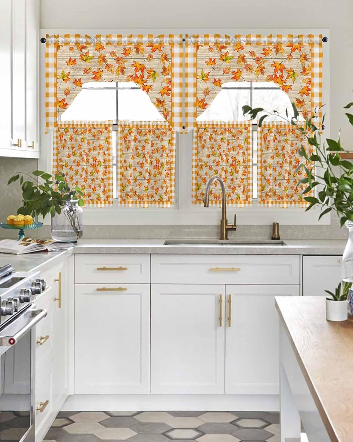 Vintage Leaves Swag Kitchen Curtain Sets with Valance,3 Pieces Rod Pocket Curtain Drapes for Bedroom Bathroom Cafe Windows,Orange Fall Autumn Maple Wood Grain Plaid 56''x36''&24''x27.5''x2Panels