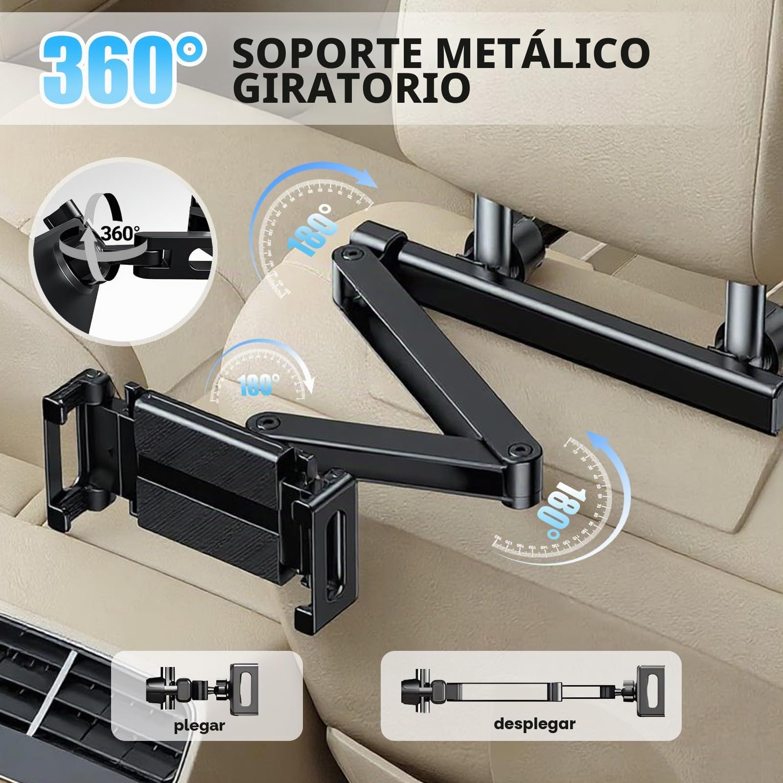 Soporte Tablet Coche, Reposacabezas, Brazo Metálico, Soporte de Tres Brazos Plegables, 360° Rotación, para iPad Pro, Air, Mini, Tab, Otros 4,7-16" Dispositivo