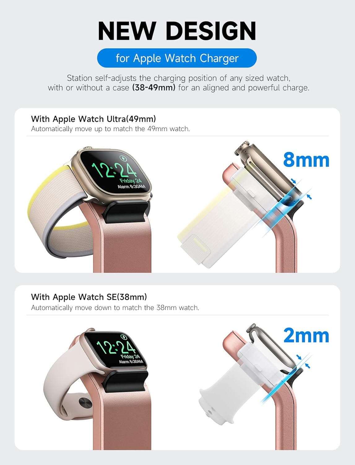 Wireless Charging Station 3 in 1 RJR Compatible with Apple Devices, Charging Dock for iWatch, Built-in Wireless Charger Stand for iPhone Series AirPods Gifts (with 18W Adapter) Rose Gold - Image 4