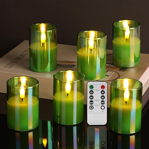Velas votivas sin llama verdes de Navidad con control remoto, pilas, LED parpadeantes, velas de vidrio, juego de 6 unidades, Diámetro de 2 pulgadas