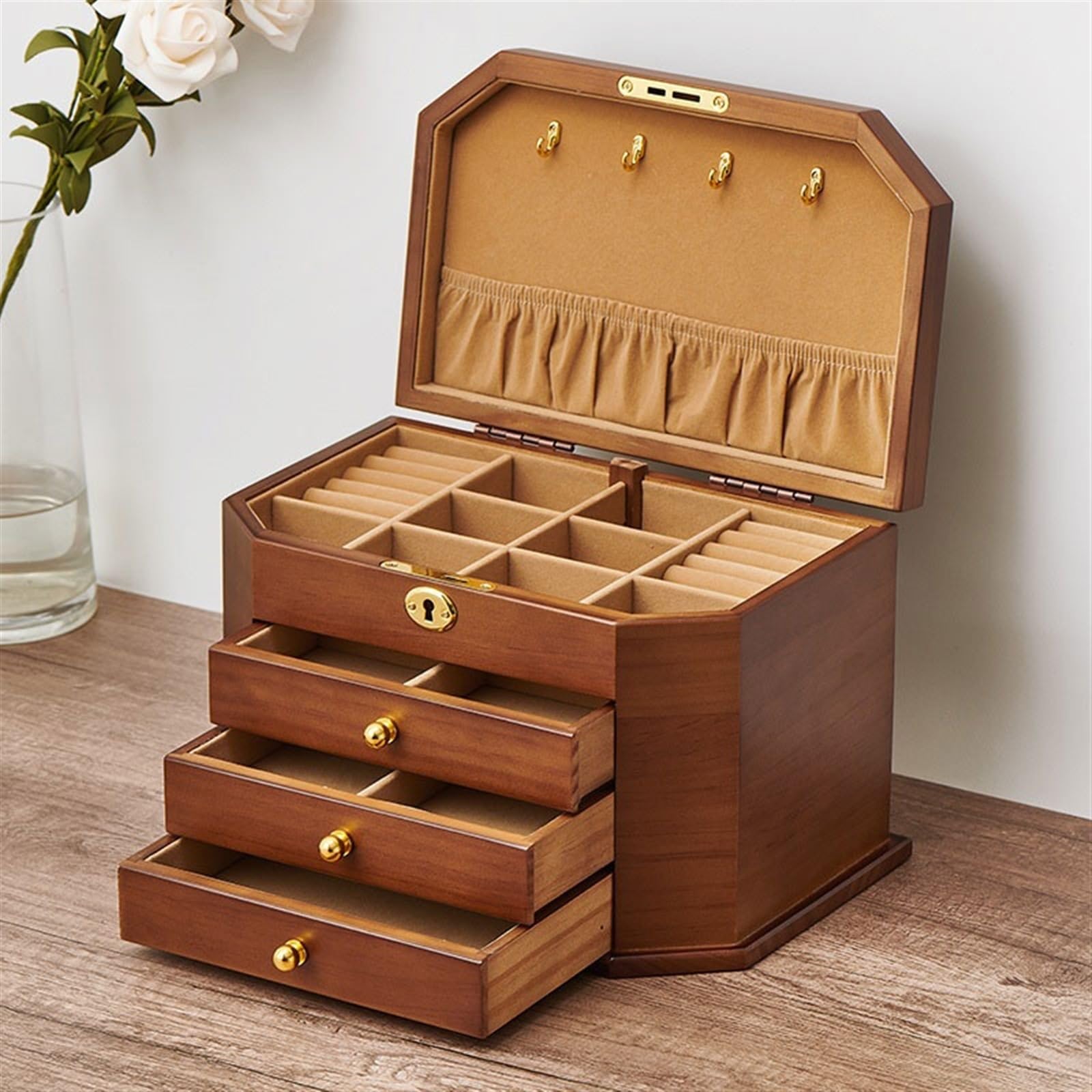 Jewelry Boxes Solid Wood Jewelry Storage Box with Lock Earrings Necklace Jewelry Box Large Capacity Simple Retro Jewelry Boxes