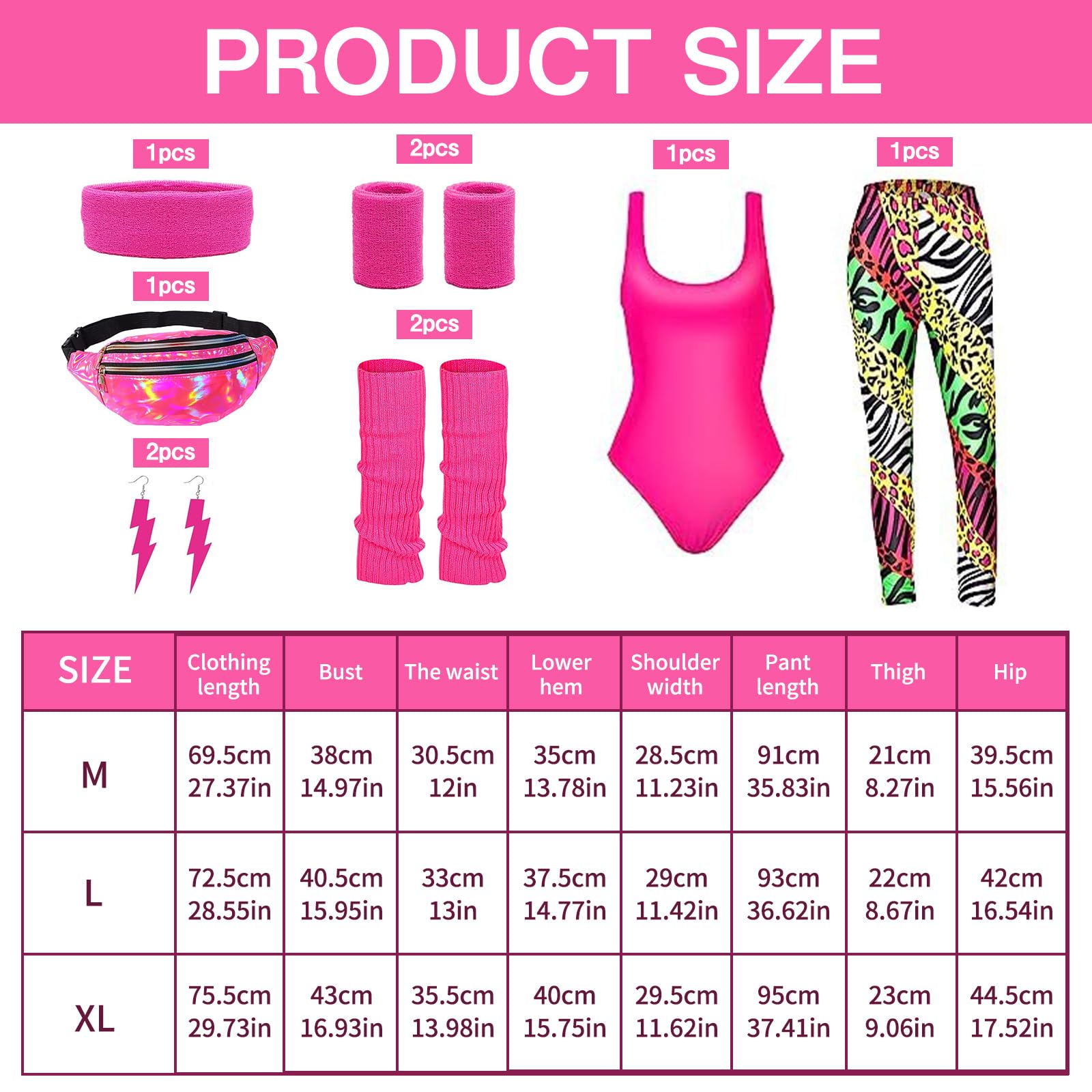 DAZZTIME 80er Jahre Outfit Damen,Damen 80er Jahre Workout Kostüm,80er Jahre Accessoires,90er Jahre Outfit,mit Bauchtasche,Stirnband,Beinwärmer,für Karneval,Halloween,Fasching,Mottoparty