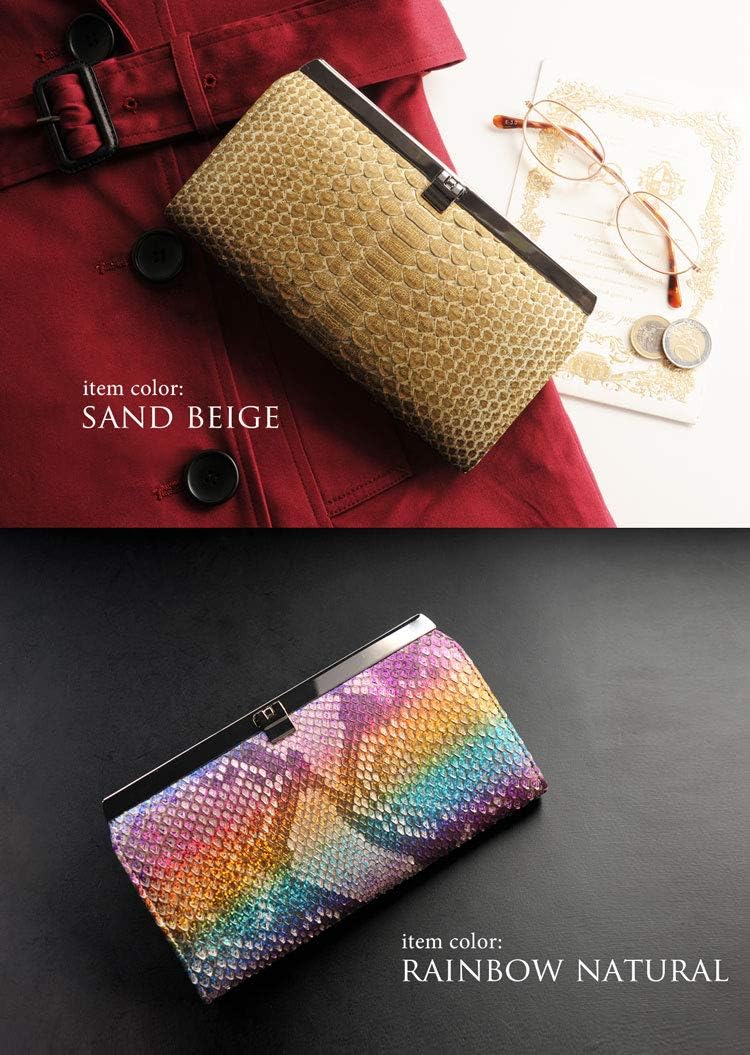 [三京商会] 長財布 レディース メンズ 財布 パイソン レザー 蛇革 本革 口金 クラッチ財布 開運 (サンドベージュ)