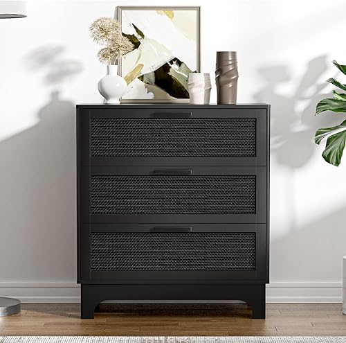 Miniatura 3 de Anmytek Cómoda de ratán negro de 35 pulgadas de alto, cómoda de granja de 3 cajones con ratán natural espaciosa cómoda para sala de estar,