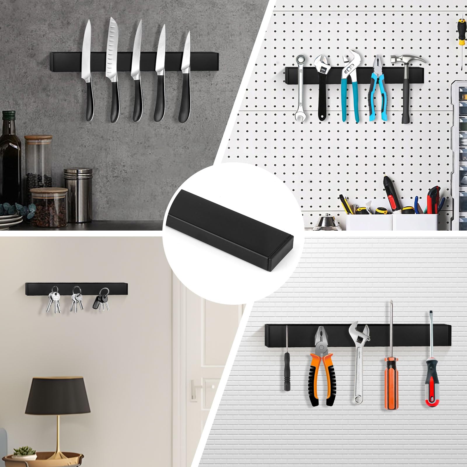 40cm Iman Cuchillos de Cocina, Negra Soporte Magnético Cuchillos Acero Inoxidable Cuchillero Magnético Puede sin Taladrar, Soporte Cuchillos Cocina para Espátulas, Tijeras