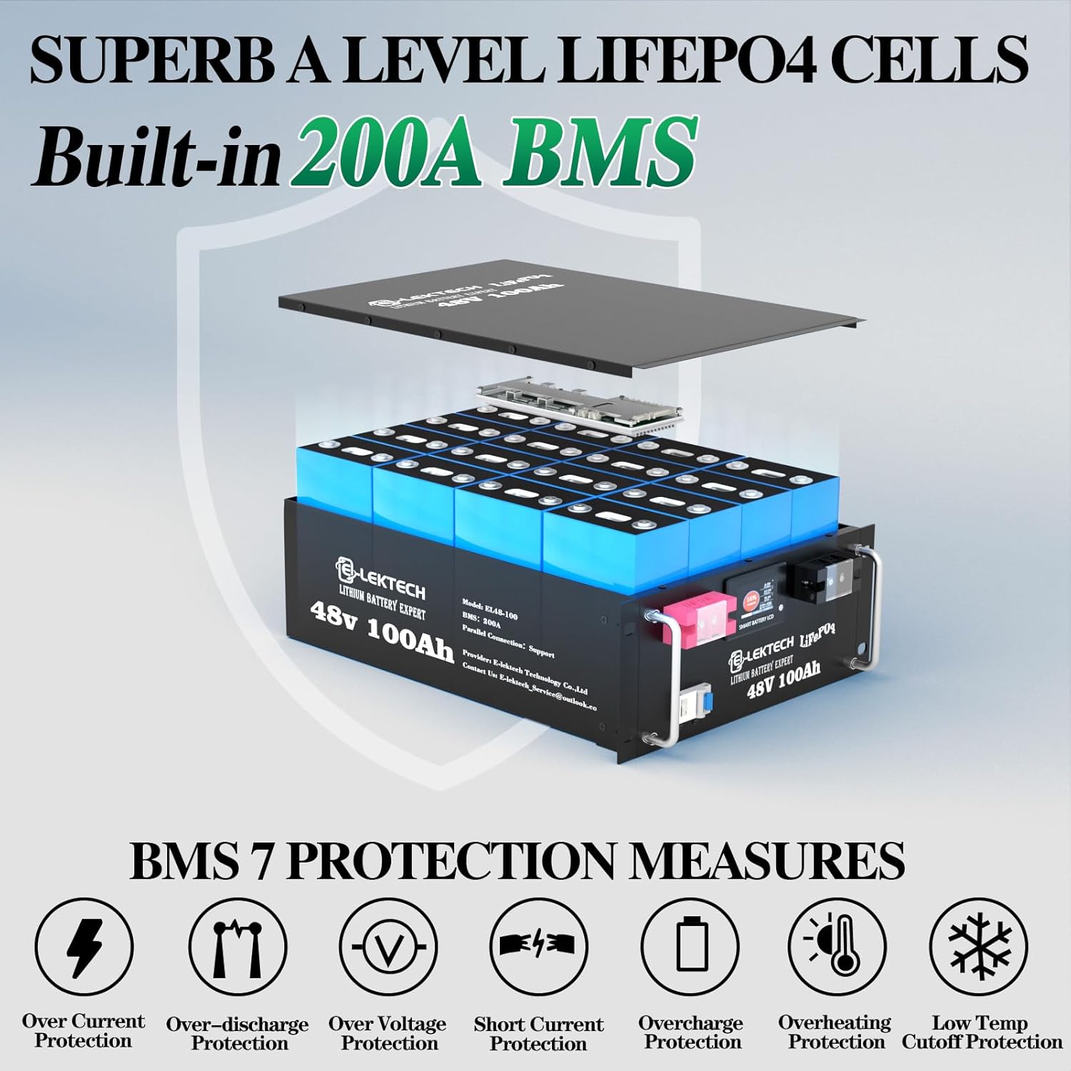 48V 100Ah LiFePO4 Lithium Battery with APP, Built-in 200A BMS, 5.12kWh Capacity, Perfect for Off-Grid, Home Energy Storage, RV, Marine (1Pcs)