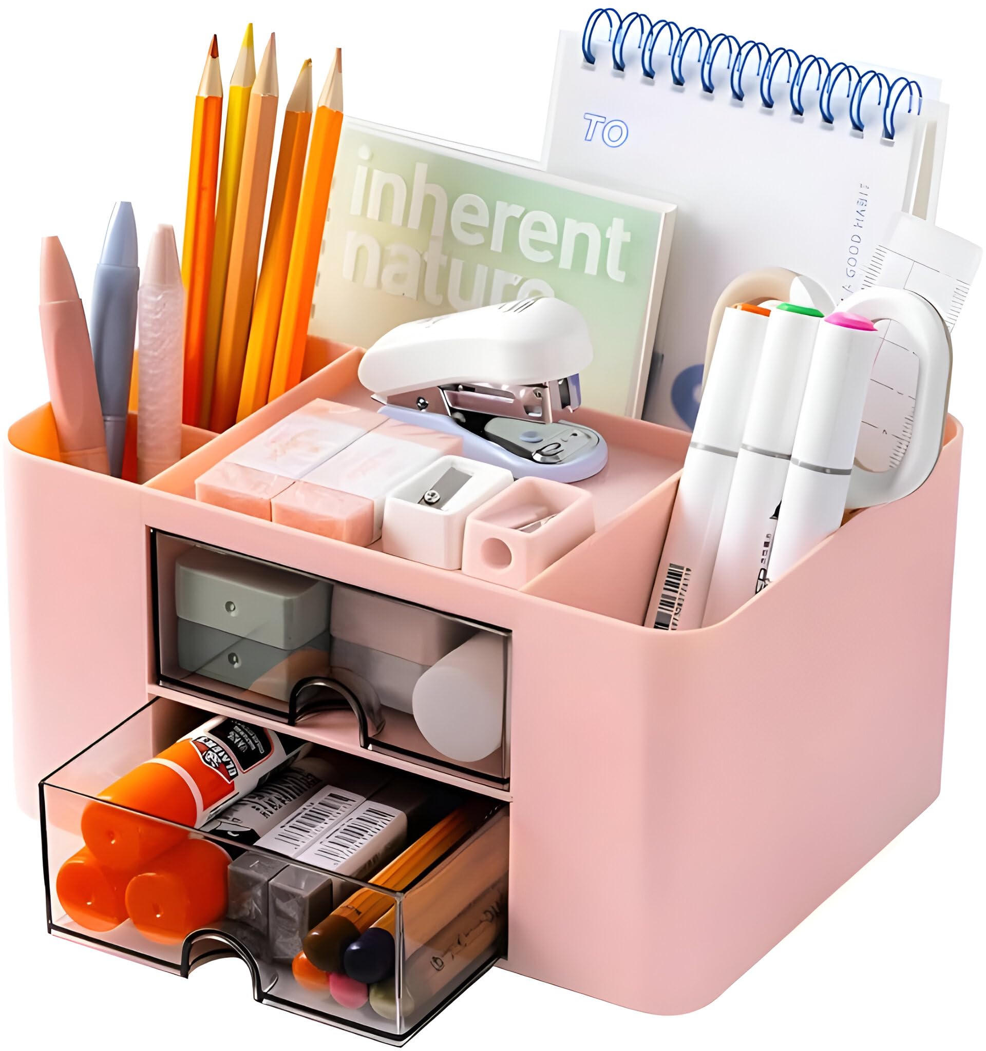 Study Table Organizer with 2 Drawers & 5 Compartments – Plastic Pen Stand & Stationery Storage Box for Office, Home or School – Compact & Durable Design (PInk)