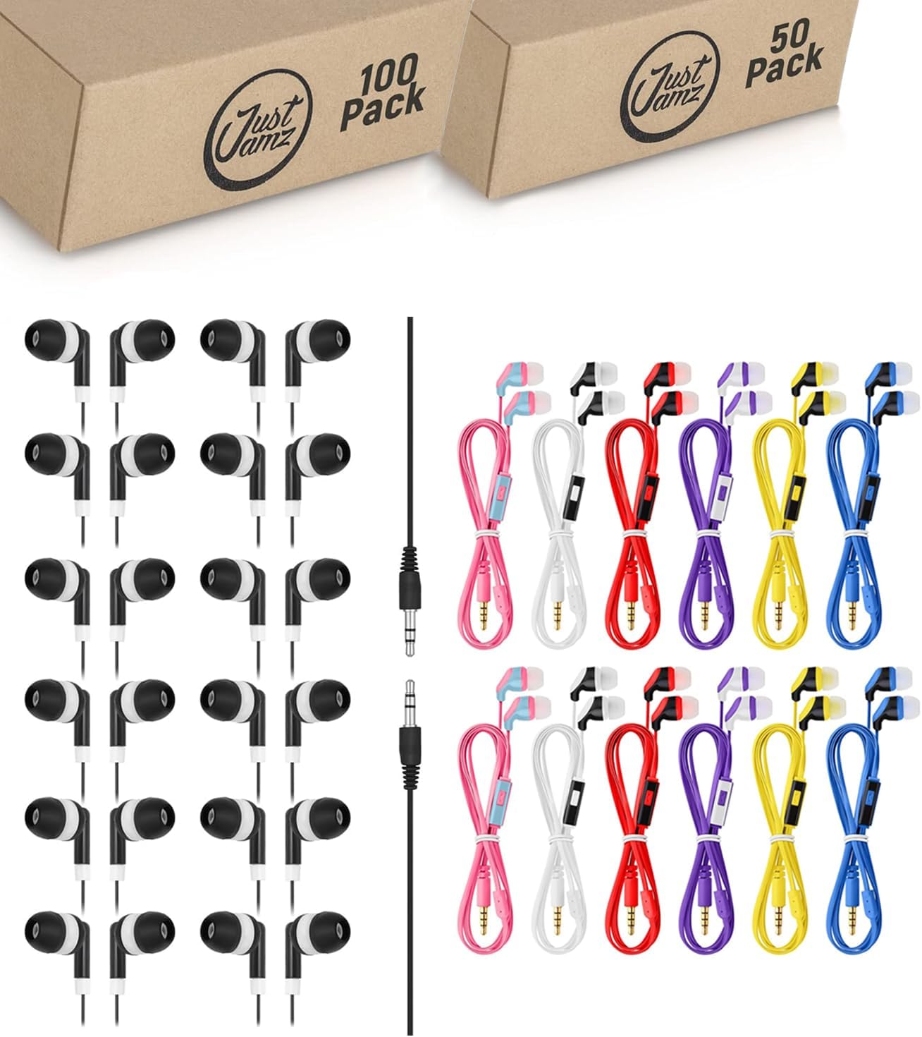JustJamz 150-Pack Classroom Earbuds | 100 Black Listening-Only + 50 Colorful Headphones with Microphone, 3.5mm Wired Earphones for Schools, Testing, Zoom, Chromebooks, Libraries
