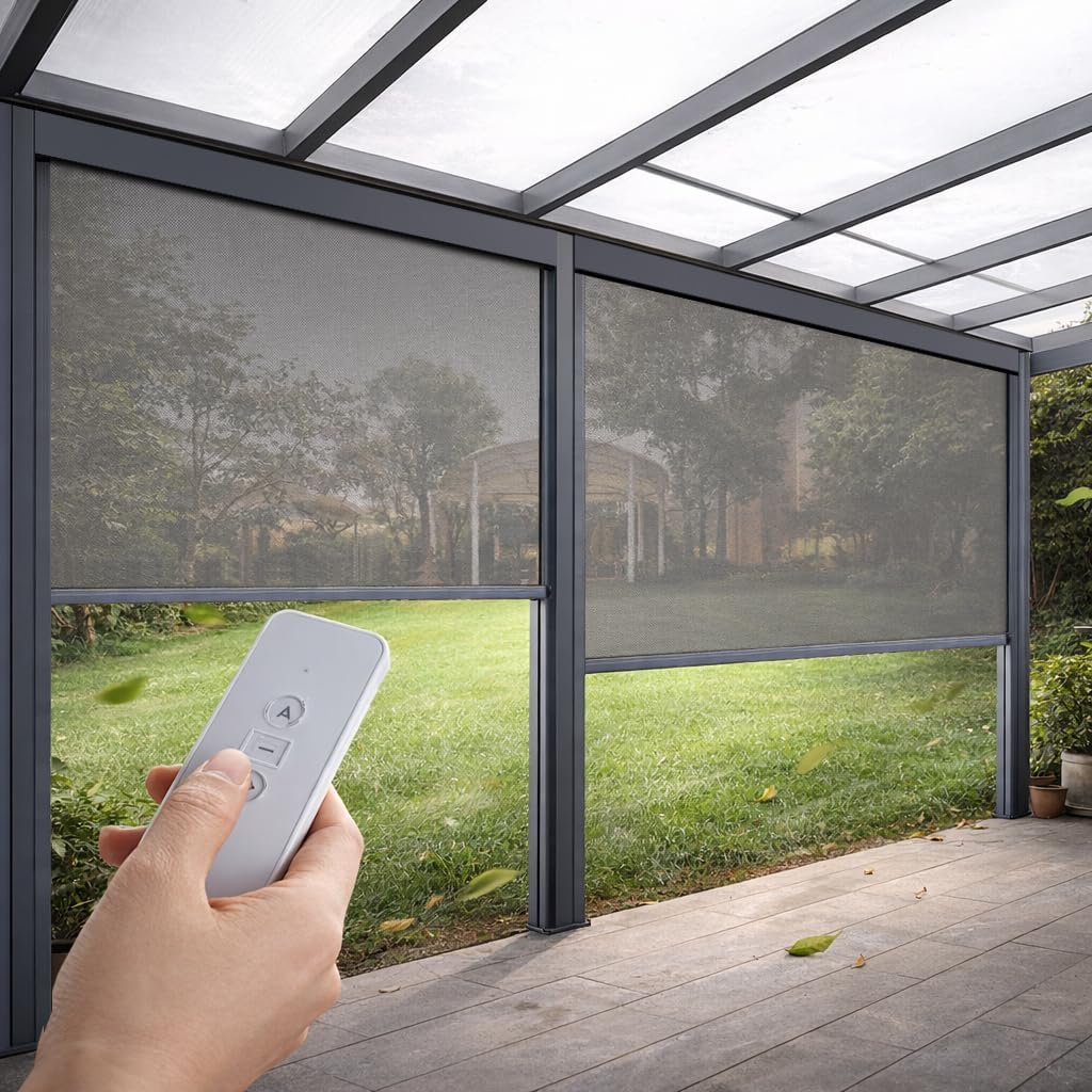 ZSHINE Motorized Outdoor Roller Shade, Hardwired or Solar Powered Rechargeable Patio Shade, Windproof Exterior Sun Shade, UV Protection for Pergola, Porch, Balcony (30% Openness Coffee)