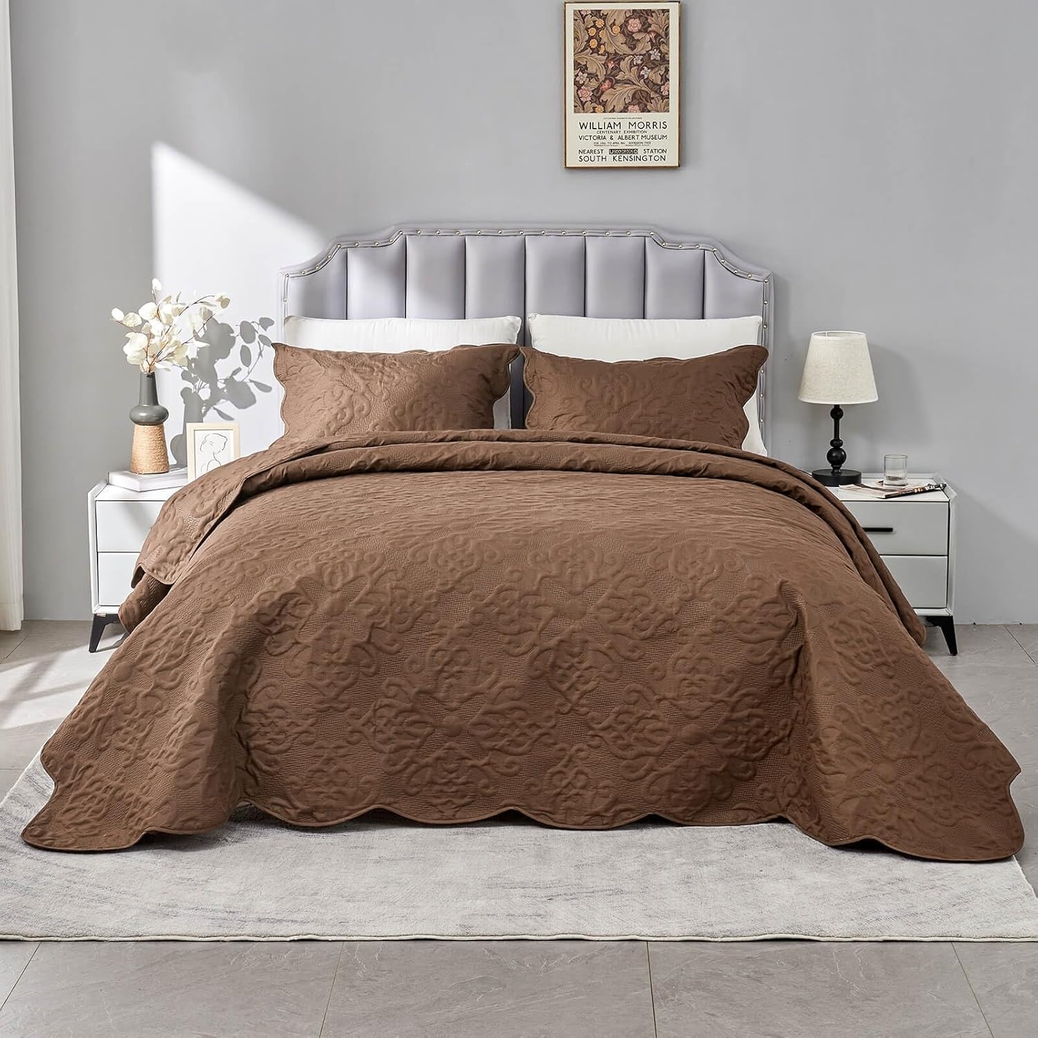 Kingnex Oversized King Bedspreads 128x120 for Tall Bed Lightweight 3 Piece Coverlet Set 1 Extra Wide Quilt 2 Pillow Shams Coffee - Image 3