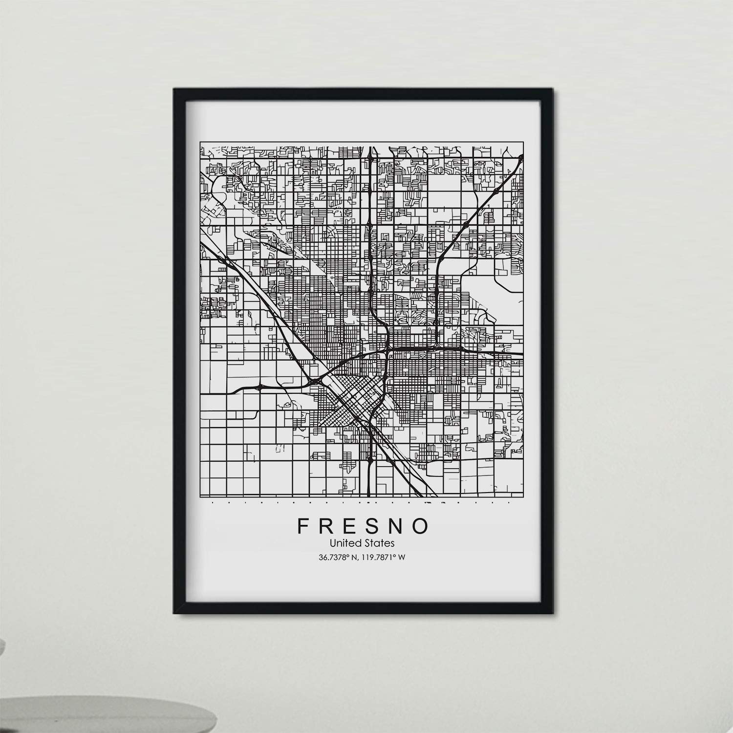 Nacnic Poster with map of Fresno. US film with images of maps and roads of major US cities. A3 size frame