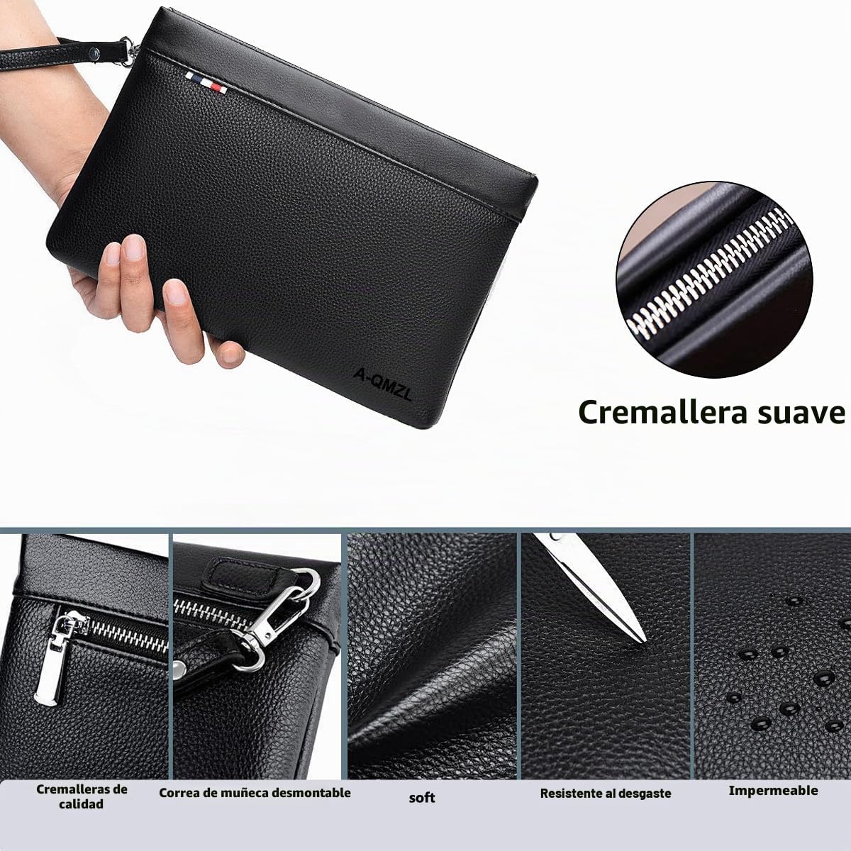 A-QMZL Bolso de hombre de mano de muñeca negra El nuevo bolso hombre piel elegante gran capacidad bolso con ranura para tarjetas para trabajo viaje casual oficina bolso