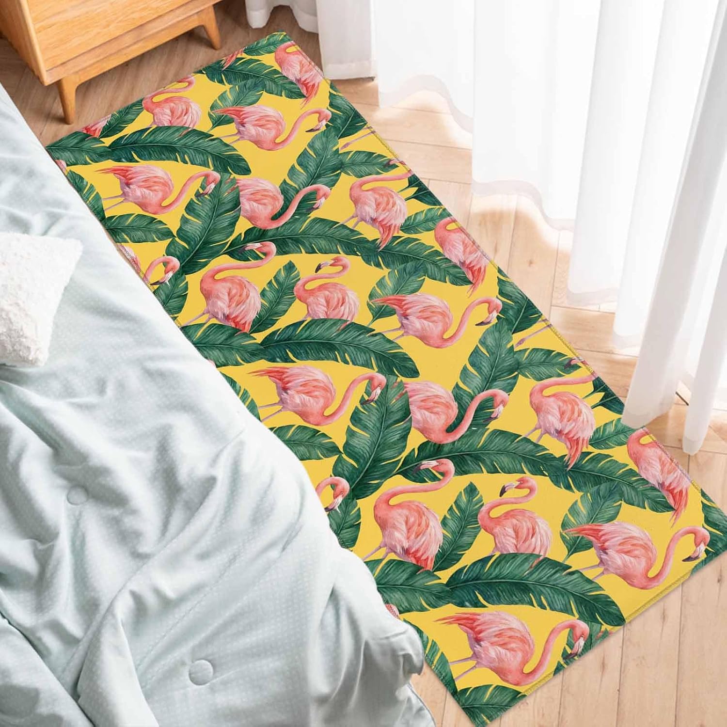 Kitchen Mats for Floor Farm Tropical Flamingo Leaves Washable Non Slip Kitchen Rugs 1PCS, Palm Leaf Pink Animal on Yellow Absorbent Standing Mats for Sink Bathroom Office Living Room 15.7x47.2in