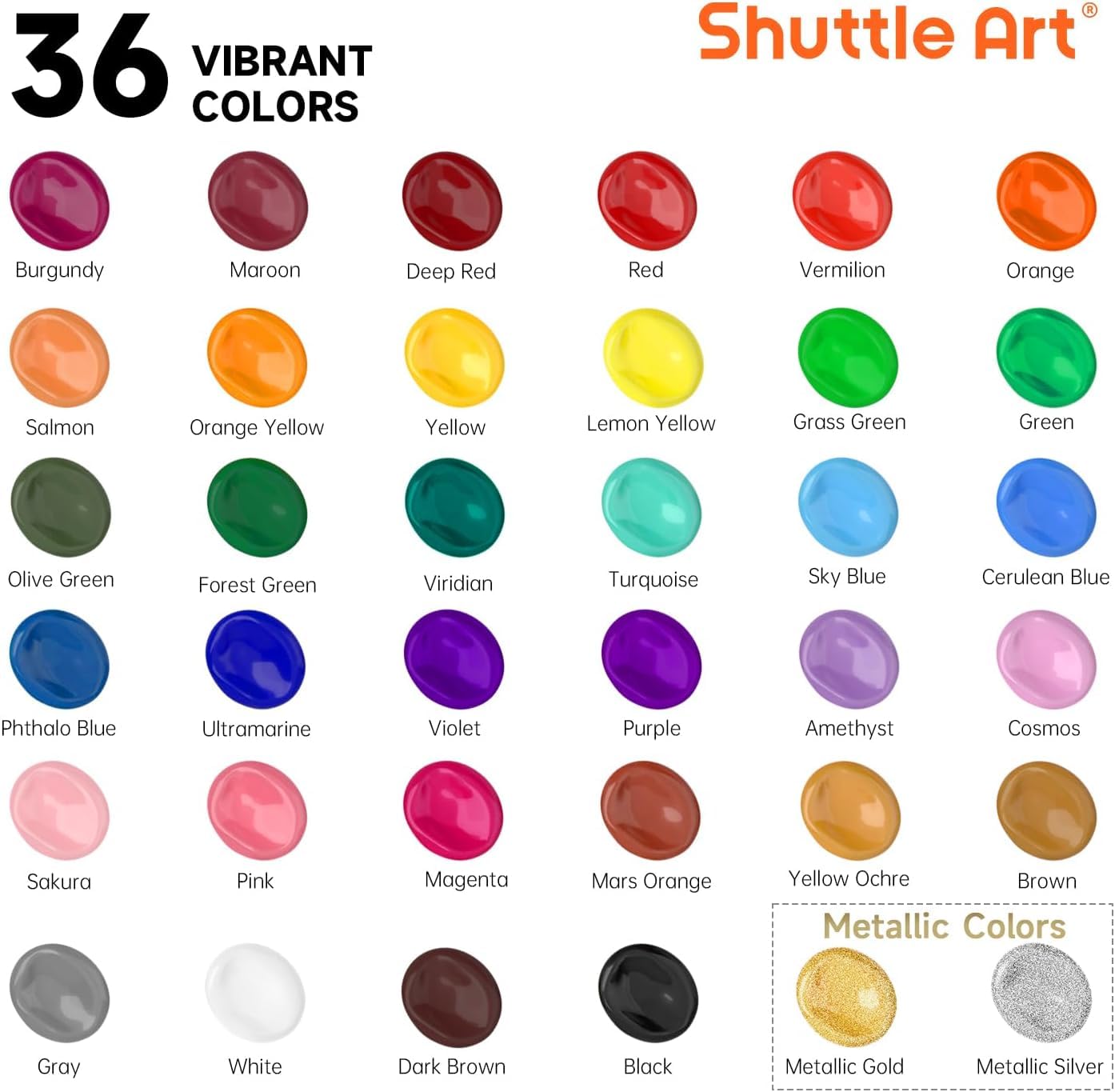 Shuttle Art 36 Acrylfarben Set + 15 Leinwände auf Keilrahmen, 36 Acrylfarben in Flaschen (je 60ml) mit 12 Pinselset, 10 x 10, 13 x 18, 20 x 25, 23 x 30, 28 x 36 cm weiße Leinwände zum Bemalen, je 3 St