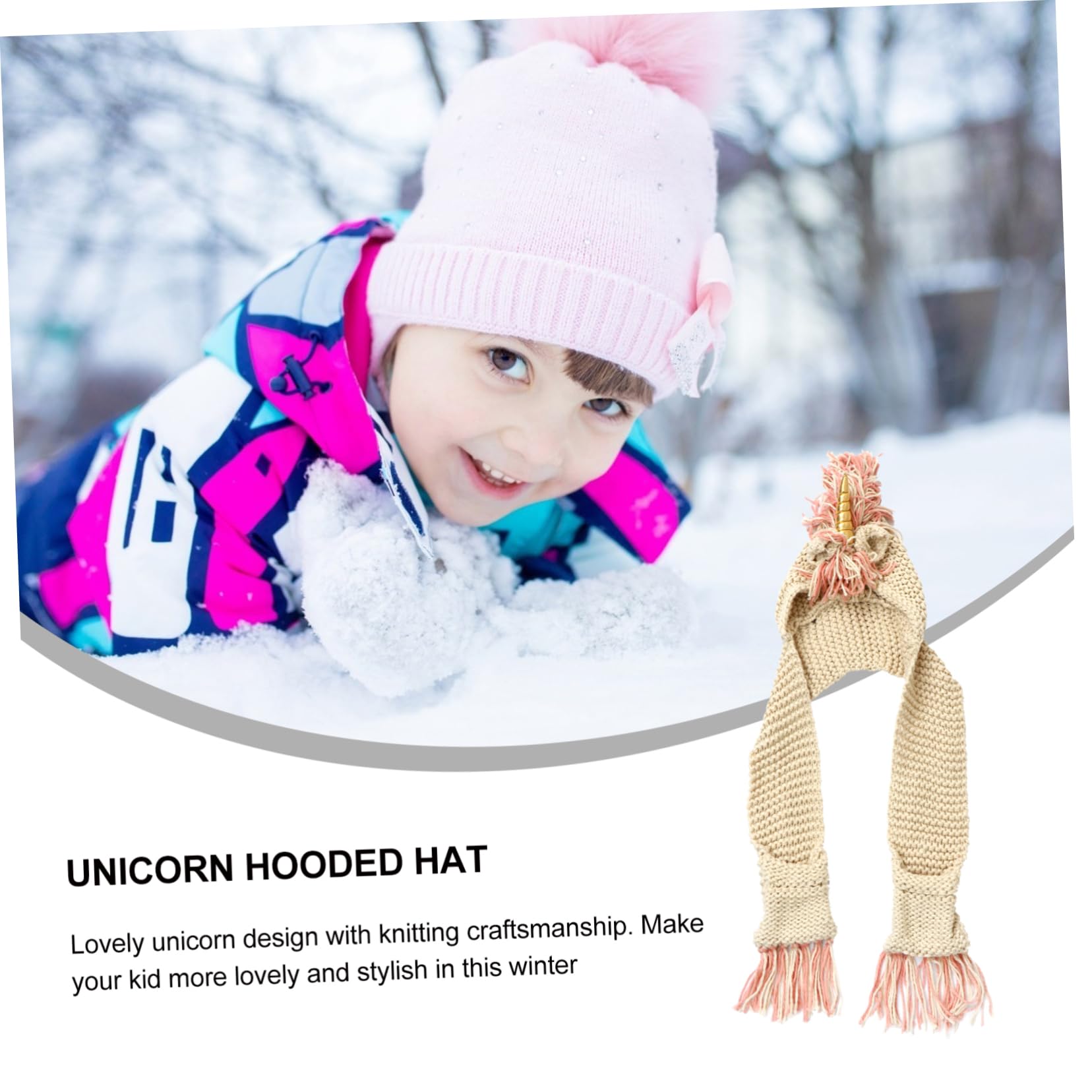 Gorro de Unicornio de Crochet para Niños, Grande 6-12 Años, Acrílico Dorado | Bolsillo para Bufanda, Tejido a Mano, Capucha Cálida, Adecuado para Festivales y Sesiones Fotográficas