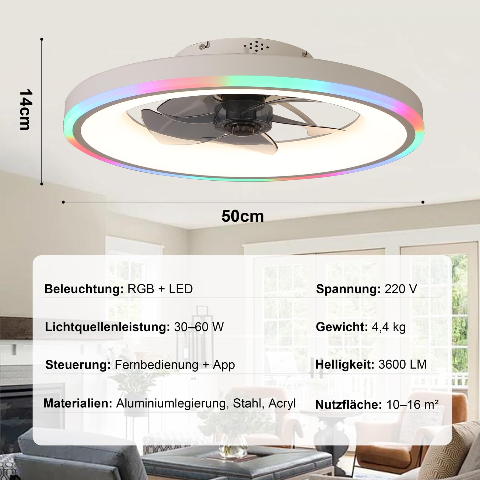 50 cm Deckenventilator mit Beleuchtung, RGB-Licht, leise, Weiß | RGB Deckenventilator mit Licht, Fernbedienung, Deckenlampe mit Ventilator, 6 Geschwindigkeiten, dimmbar, Timer, Schlafzimmer