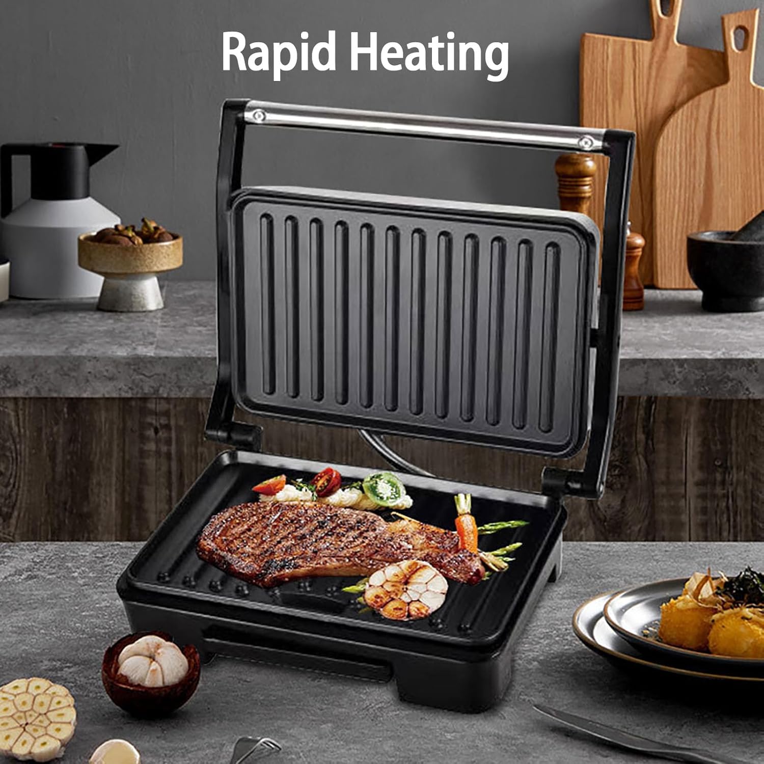 Electric Panini Press, Sandwich Maker, Panini Maker, Double Sided Heating, 750W Multifunction Grill, Stainless Steel for Family Breakfast, Steak, Waffles, Eggs, Toast