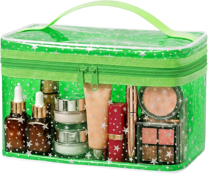Necessaire transparente Junesters Star verde com zíper e alça