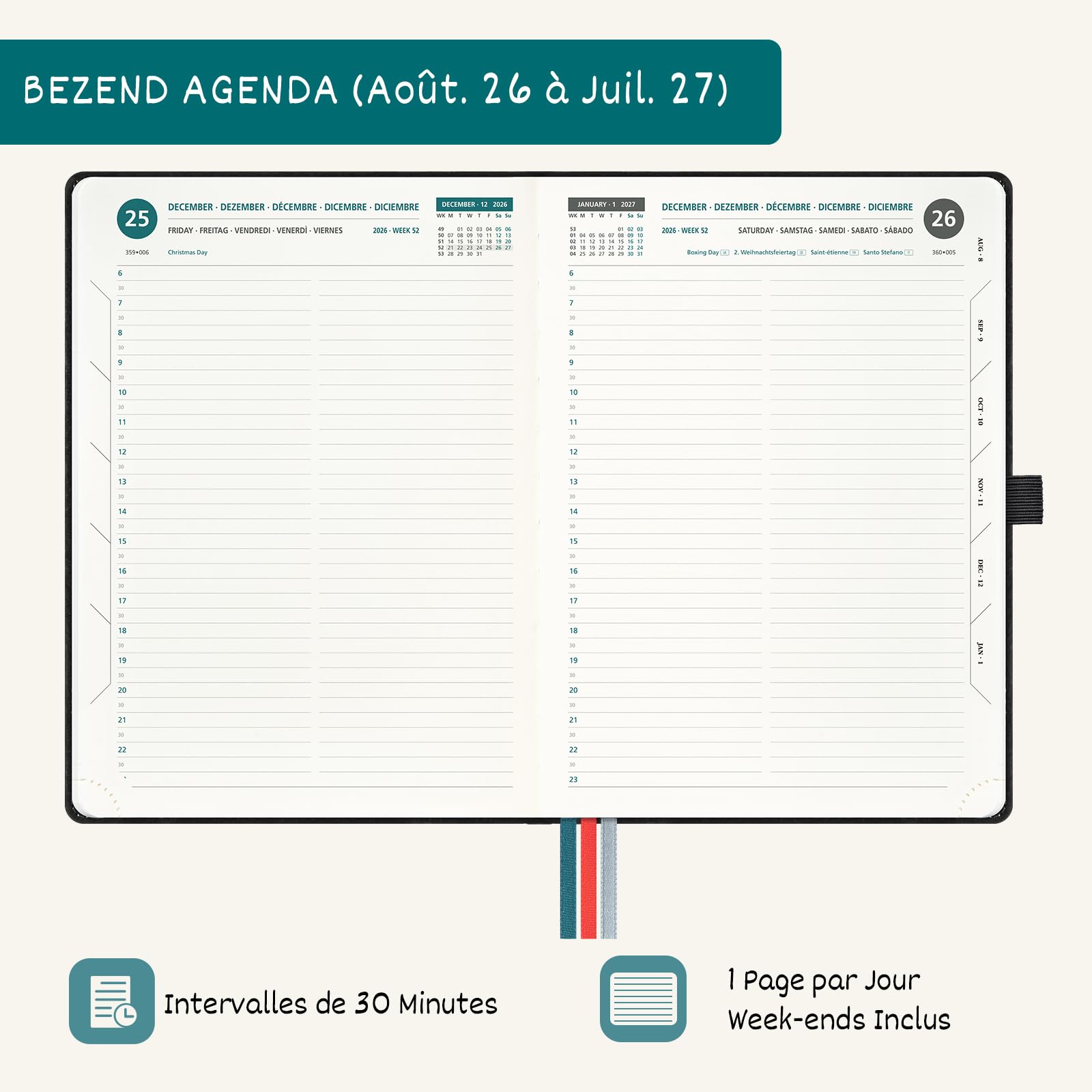 BEZEND Agenda 2026 2027 A4 Journalier 28 x 22 cm 12 Mois De Août. 2026 à Juil. 2027, Agenda Scolaire avec Intervalles de 30 Minutes, Porte-Stylo Fixe, Couverture Rigide en Cuir PU, Bleuet