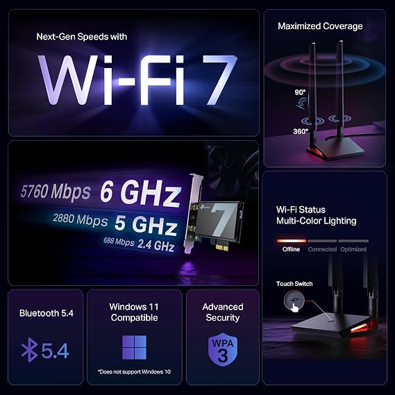 TP-Link WiFi 7 BE9300 PCIe WiFi Card for Desktop PC| Tri-Band Network Card