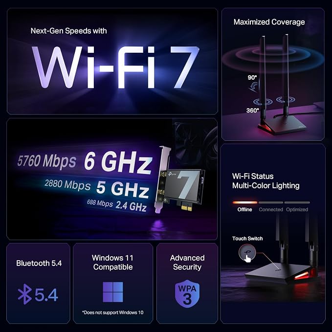 Tarjeta WiFi 7 TP-Link BE9300 PCIe para PC de Escritorio miniatura 2