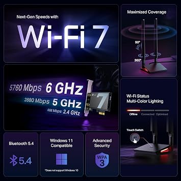 TP-Link WiFi 7 BE9300 PCIe WiFi Card for Desktop PC| Tri-Band Network Card