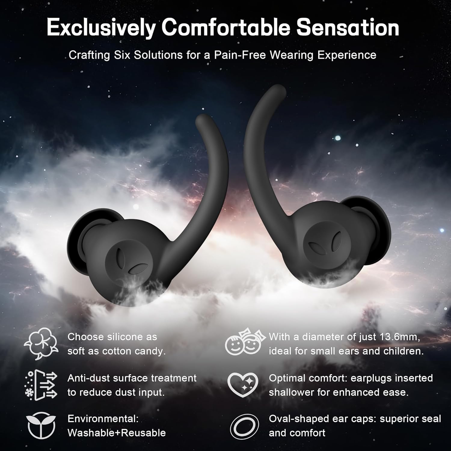 Star-Man Soft Ear Plugs for Noise Reduction, Reusable Earplugs in Flexible Silicone for Sleep, Noise Sensitivity(2 Pairs Meteorite Black)