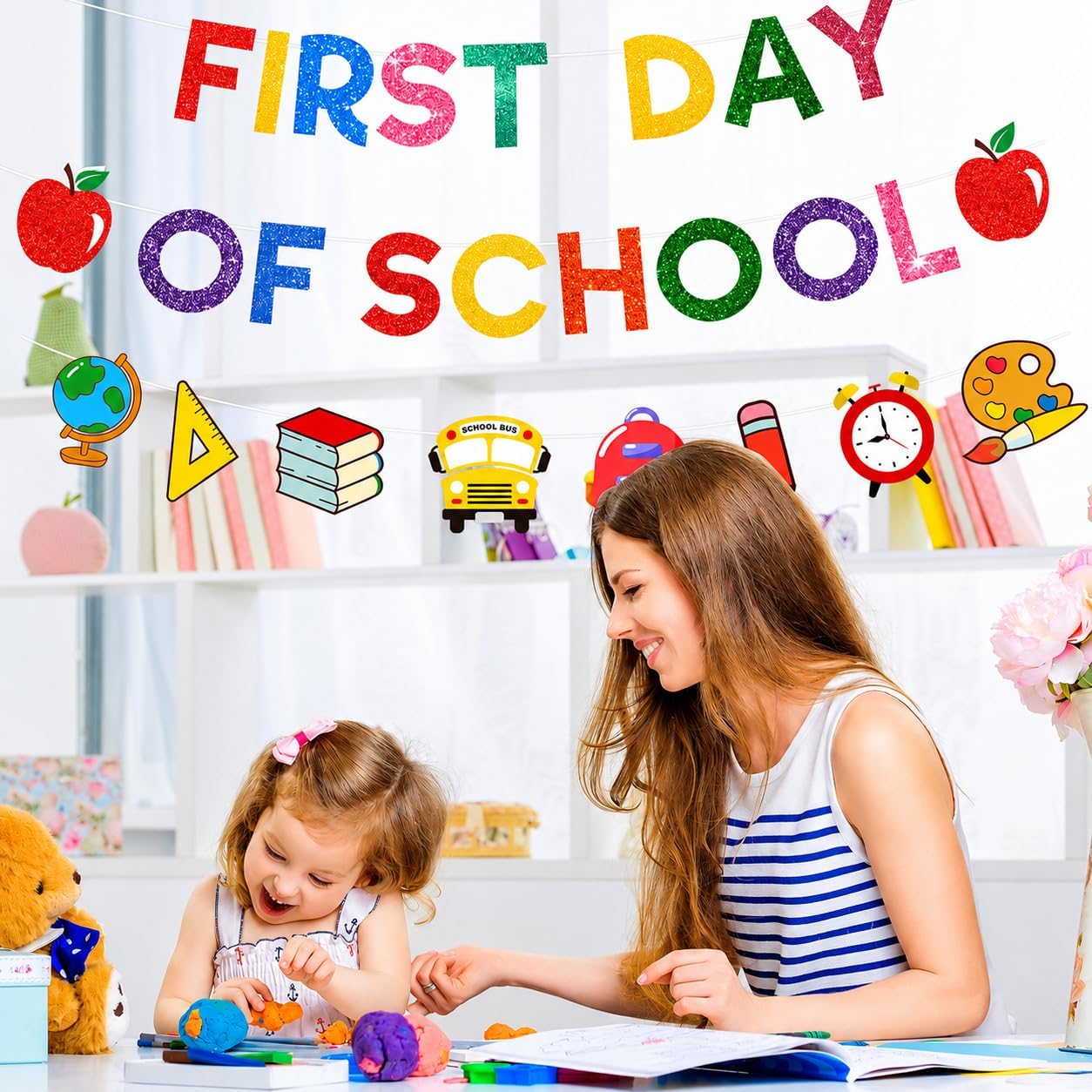 3PCS First Day Of School Banner Welcome Back To School Decorations, Pre-Strung Glitter Classroom Hanging Sign Backdrop Garland Decor for Home Classroom Office Kindergarten Party Supplies Decorations