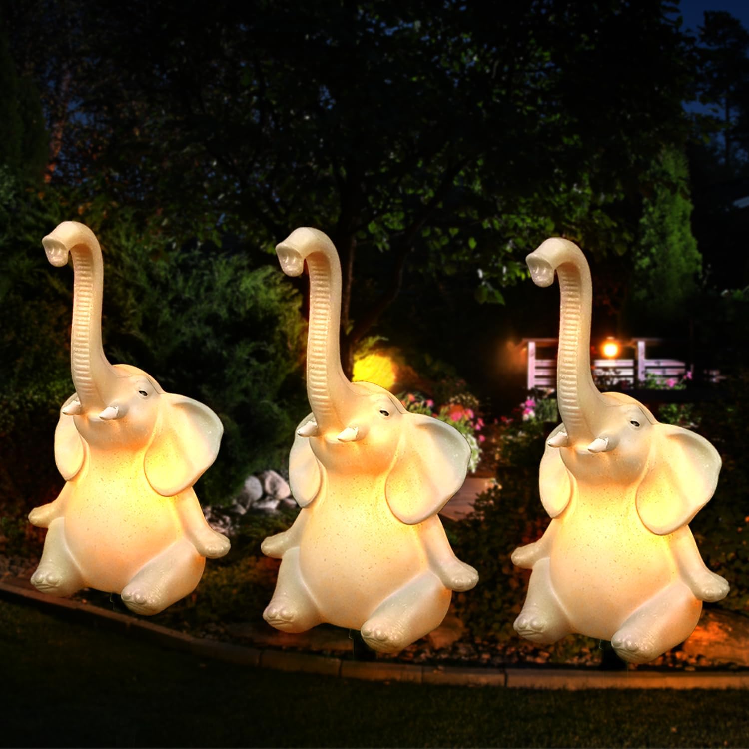 Solar Outdoor Elephant Statues Lights, 3 Pack New Upgraded Solar Garden Lights Outdoor Waterproof Solar Lights for Garden Decor, Christmas, Halloween, Yard, Lawn Elephant Lights