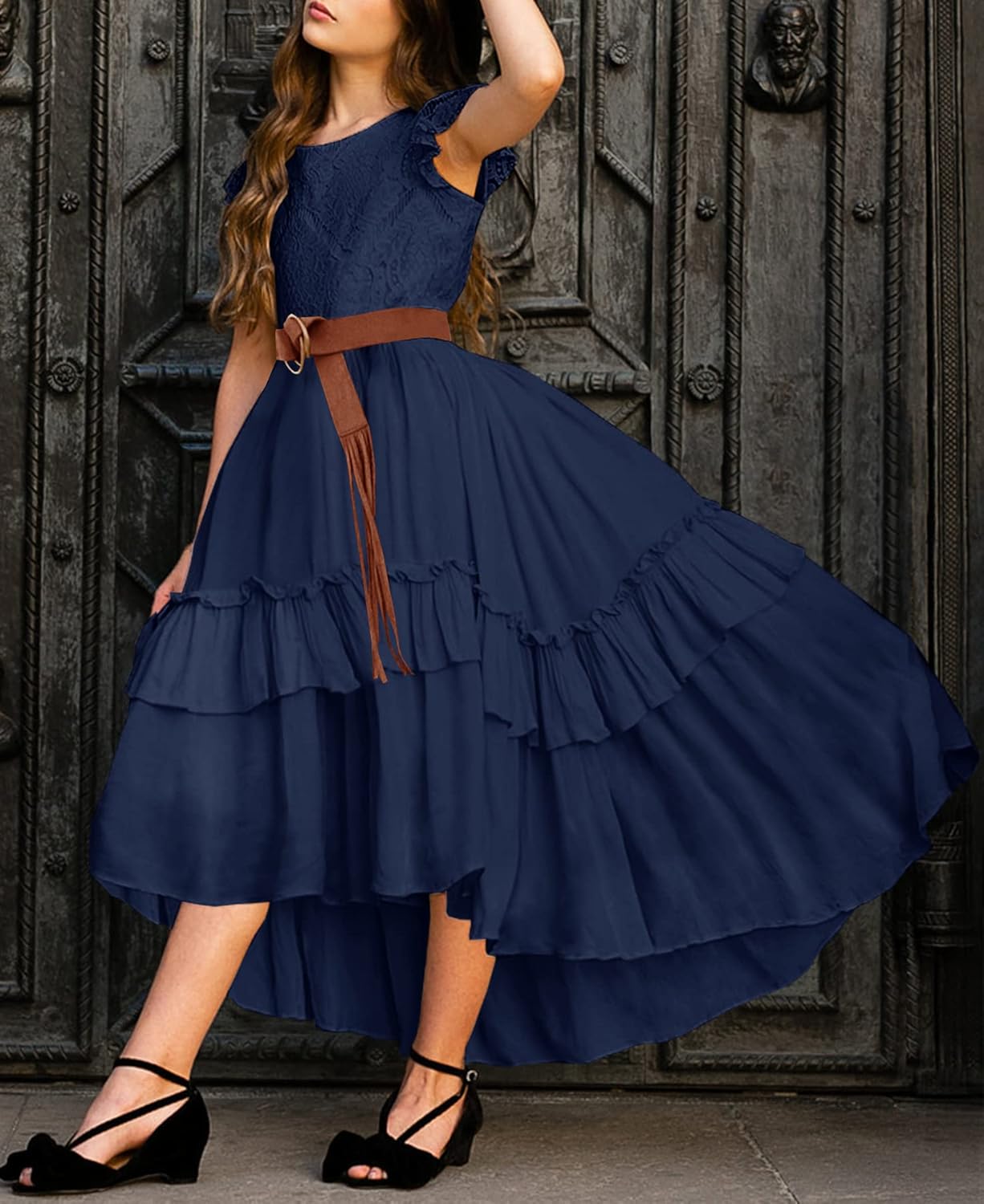 HOSIKA Girls Lace Boho Flower Girl Dress Ruffle Sleeve A-Line Formal Dresses for Wedding Party 6-12 Years - Image 3