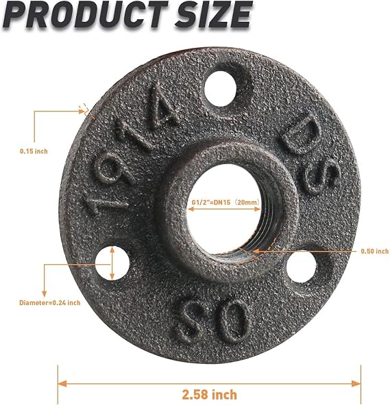 1/2 Floor Flange, Home TZH Malleable iron Pipe Fittings for Industrial vintage style, Flanges with Threaded Hole for DIY Project/Furniture/Shelving Decoration (10 Pack)