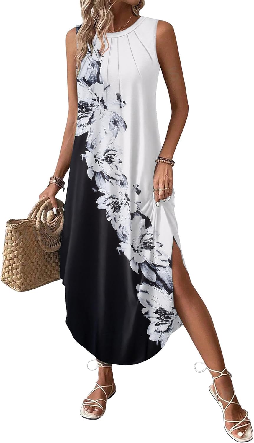 Zeagoo Women Floral Summer Casual Beach Printed Tank Dress with Pockets Pleated Front Long Dress