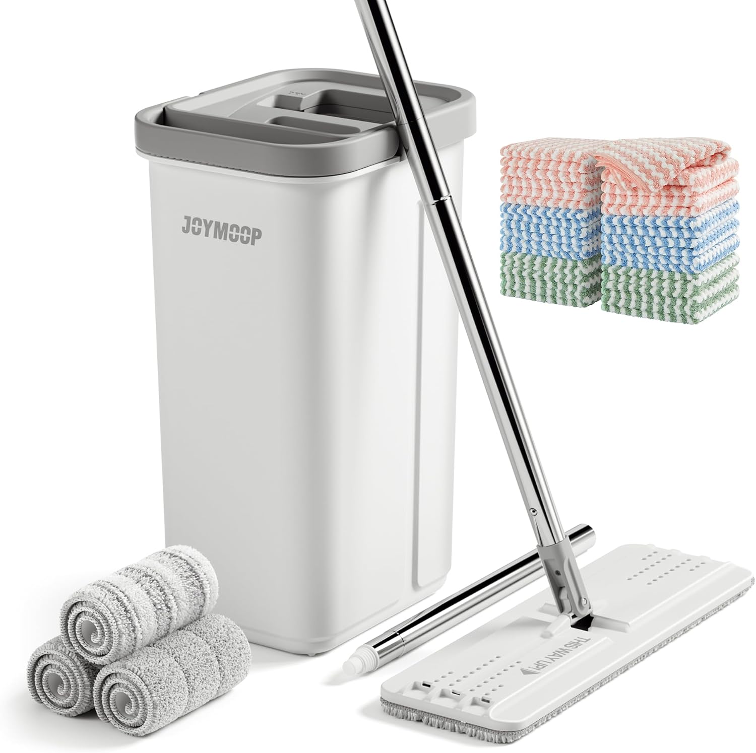 JOYMOOP Hands-Free Mop and Bucket with Wringer Set with Microfiber Cleaning Cloth, Househould Cleaning Tool of Floor Mop and Kitchen Towels