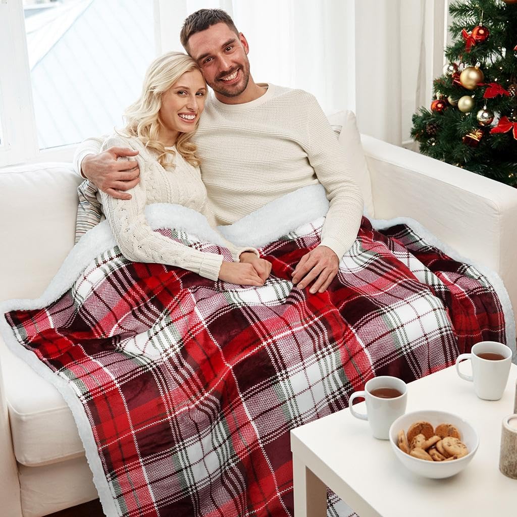 Christmas Red Buffalo Plaid Sherpa Throw Blanket, Reversible Super Soft Warm Comfy Fuzzy Snuggly Micro Fleece Plush Holiday Throws for Couch Sofa Cabin Decro - Image 2