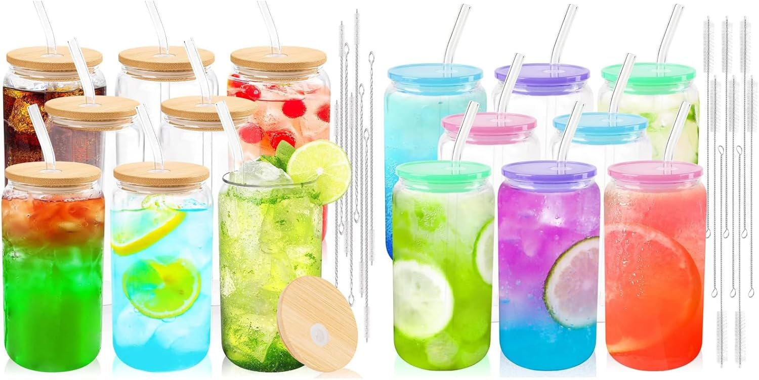 Joyclub Bundle of 8 Set 16 oz Glass Cups with Bamboo Lids and 8pcs Glass Cups with Acrylic Lids