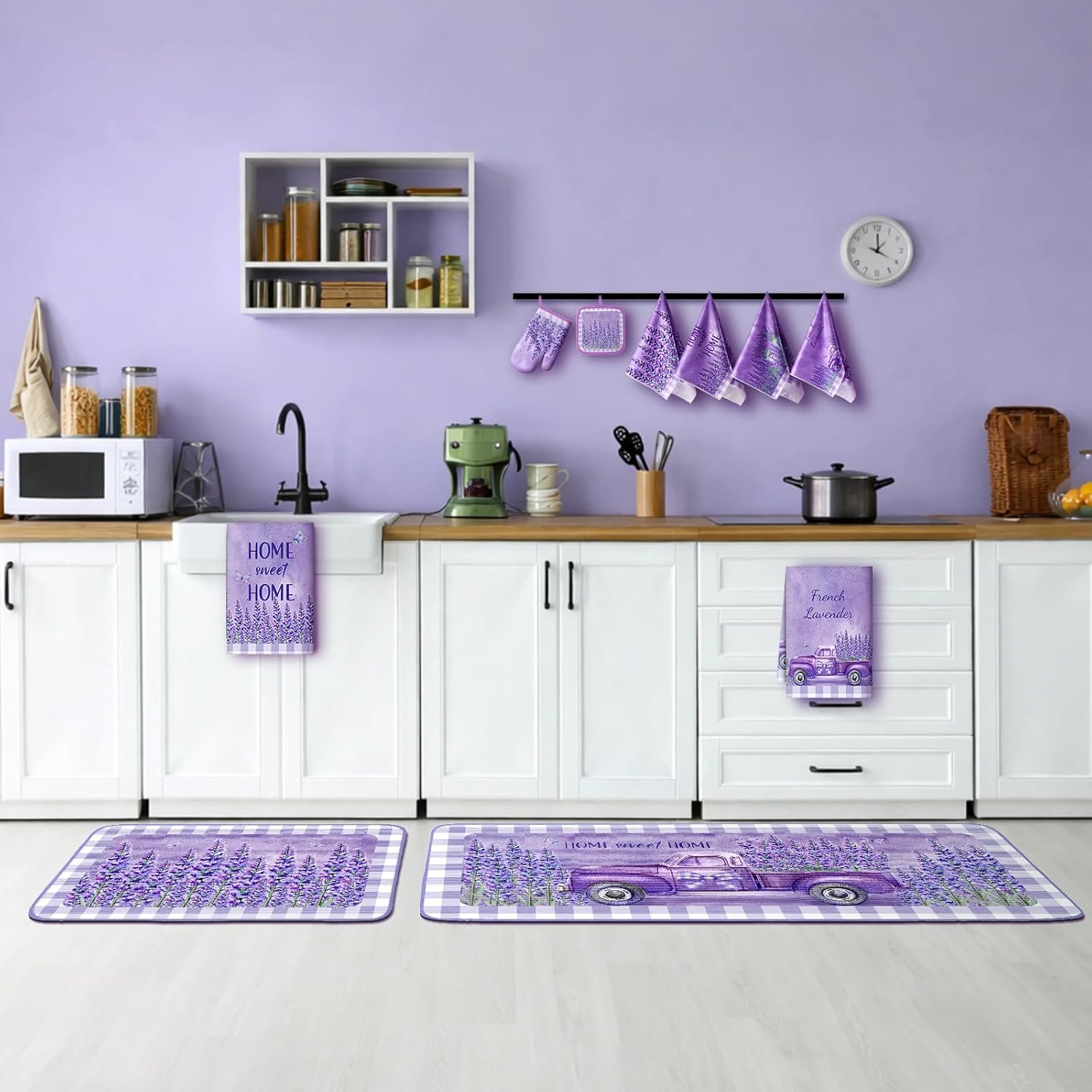 VitalCozy 10 Pcs Lavender Kitchen Decor Lavender Kitchen Towels and Rugs Oven Mitts and Pot Holders Set Hand Towels Purple Decorative for Baking Cooking BBQ