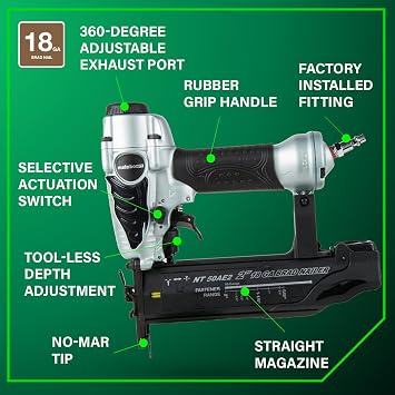 Metabo HPT Brad Nailer, 18 Gauge, Pneumatic, 5/8 to 2 Nails, NT50AE2 | Lightweight, Selective Actuation Switch, Tool-less Depth Adjustment, Adjustable Exhaust, Carrying Case