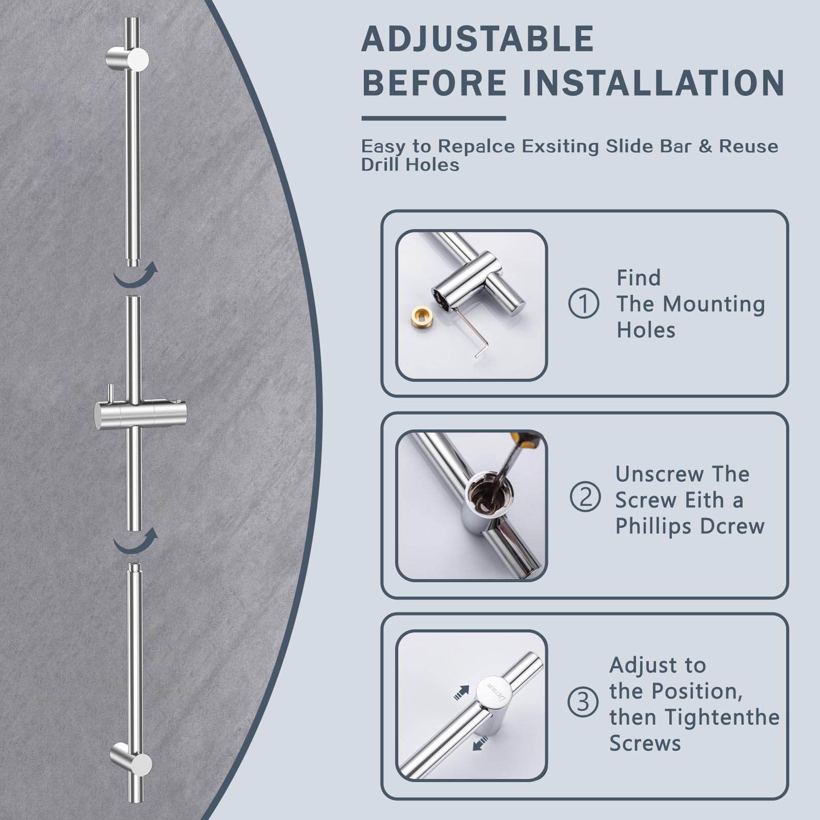 Asta Doccia 90cm in Acciaio Inox, DETBOM Asta Doccia con Supporto per Soffione Doccia Girevole a 360° e Regolabile, Barra Doccia per Adattarsi ai Fori Esistenti, Cromo