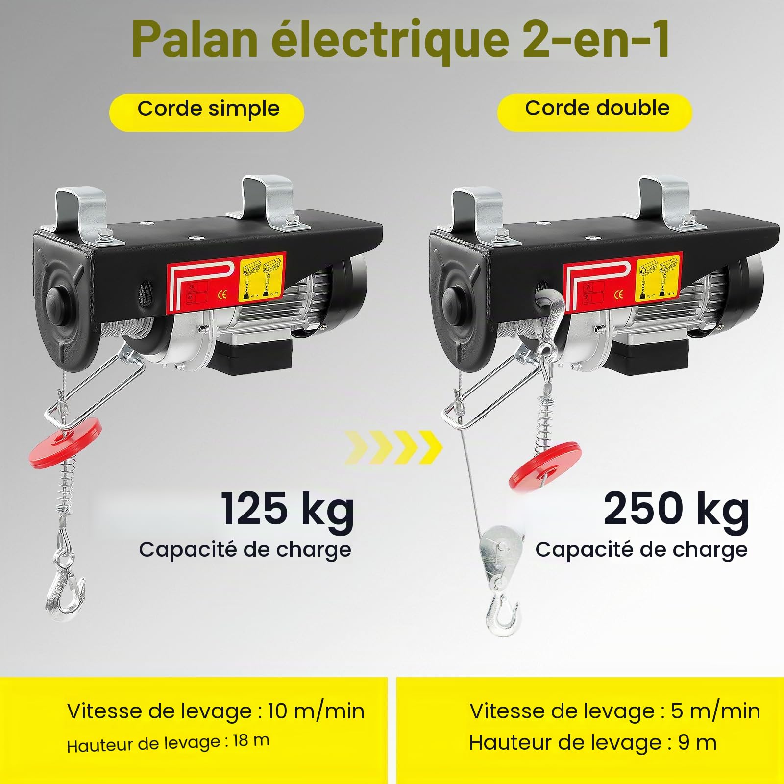 Treuil électrique 220 V avec deux boucles, palan de levage avec télécommande sans fil, hauteur de levage de 125 kg à 250 kg, hauteur de levage 18 m, vitesse de levage 9 m/min, palan à chaîne