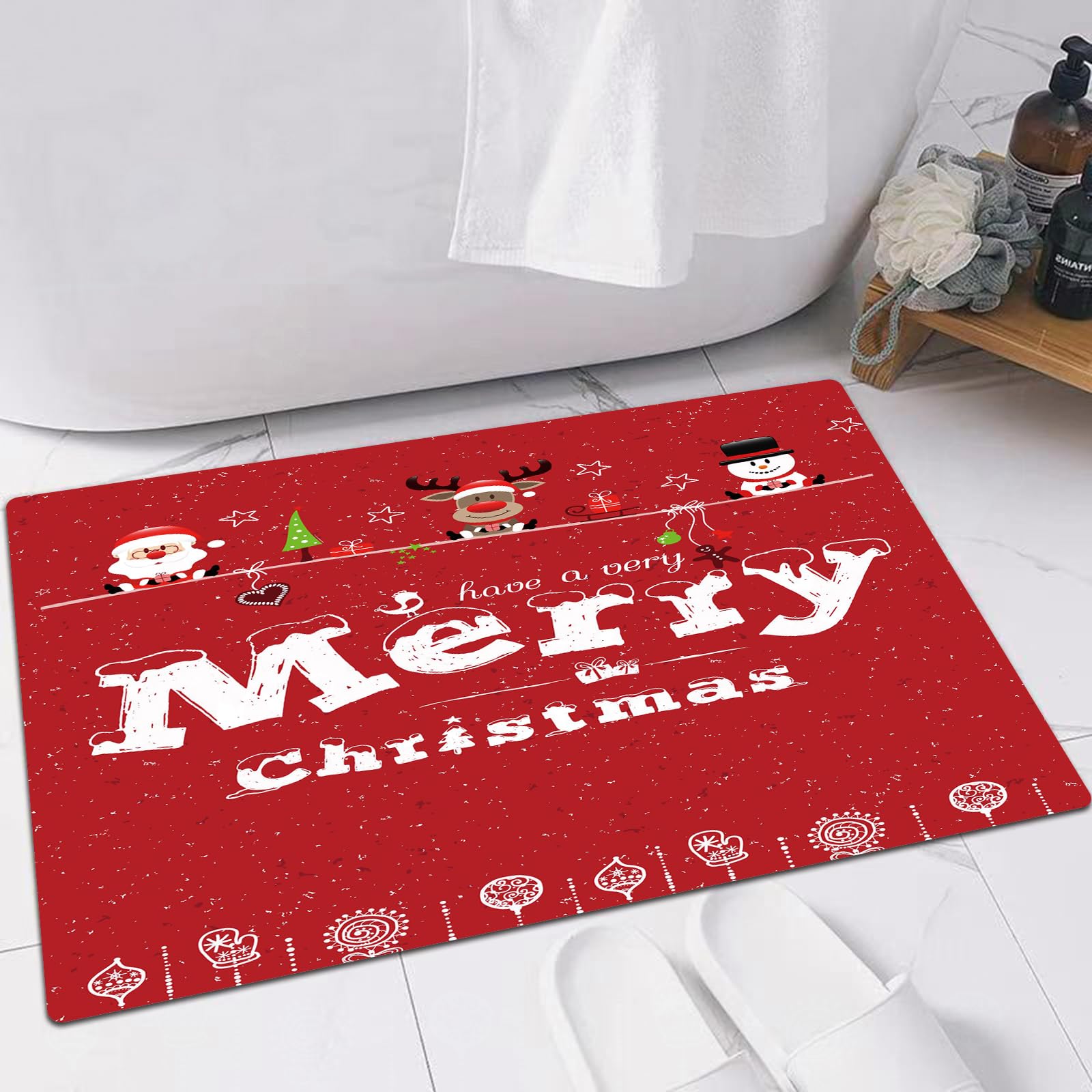 EMFSLA Bath Mat 16x24 in,Merry Christmas pattern,Non-Slip Bathroom Mat Machine-Washable,Ultra Soft and Water Absorbent Bath Rug for Bathroom