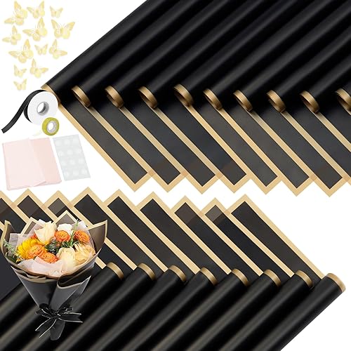 xunhewi 20 hojas de papel de regalo de flores con borde dorado, papel de embalaje, suministros de ramo de floristería para bodas, manualidades,