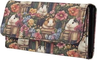Guinea Pigs Paintings Women Wallets Change Pouch PU Leather Purse Zipper Coin Pocket, Vintage Animal Books Printed Long Slim Wallet with 11 Card Slots & ID Window
