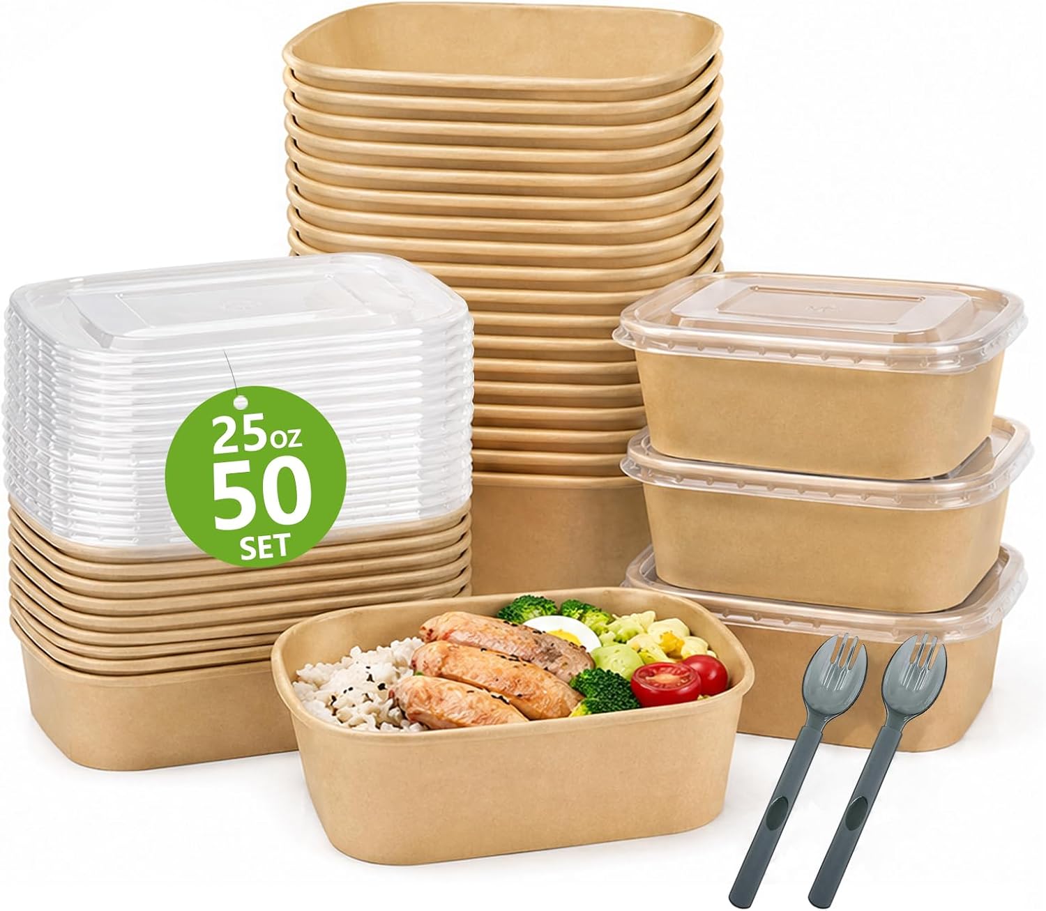 25oz 50-Pack Disposable Kraft Paper Bowls with Lids & Sporks (Fork+Spoon), Meal Prep Containers & To Go Food Containers for Restaurant Takeout, Weekly Meal Prep, Party Leftovers, Microwave Safe